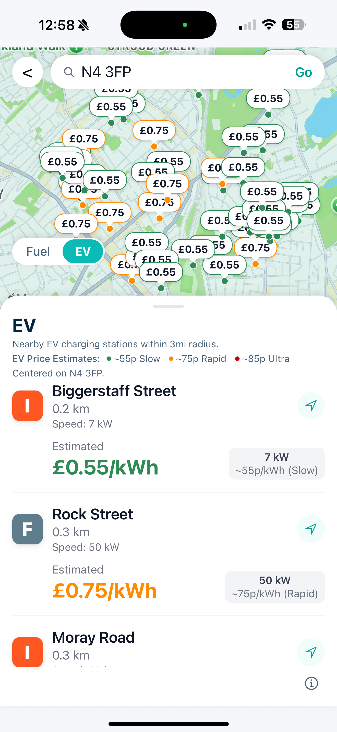 Preview of EV map with estimated prices per kWh