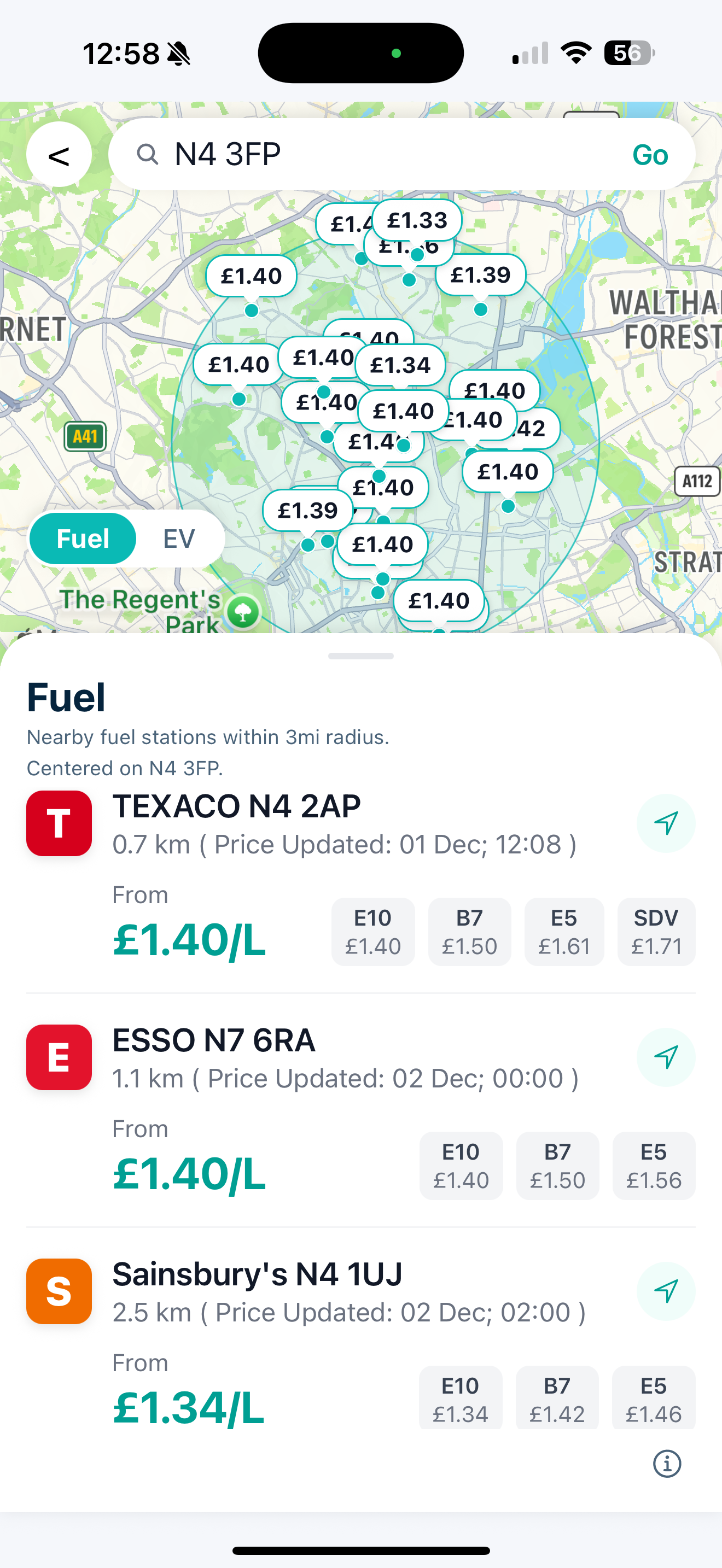 Preview of fuel map with estimated petrol prices