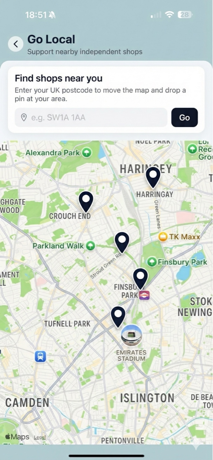 Preview of Rembeo Go Local screen with nearby shops and services