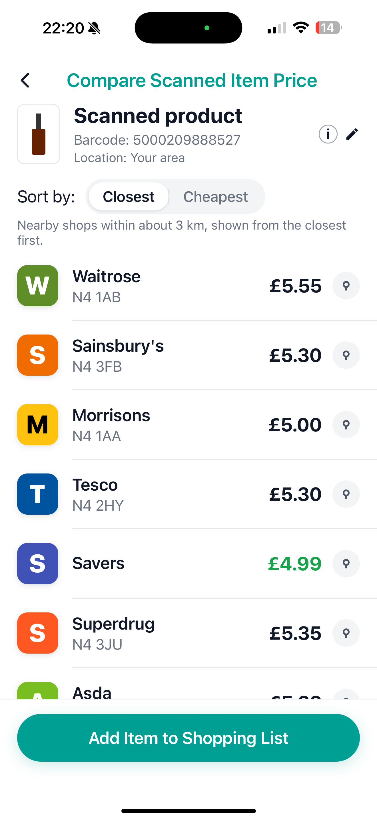 Preview of the Rembeo screen showing Compare Scanned Item Price